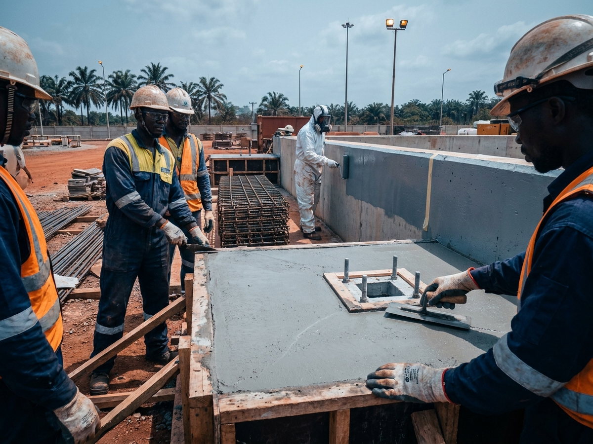 Civil crew forming an equipment foundation with a coated bund wall behind