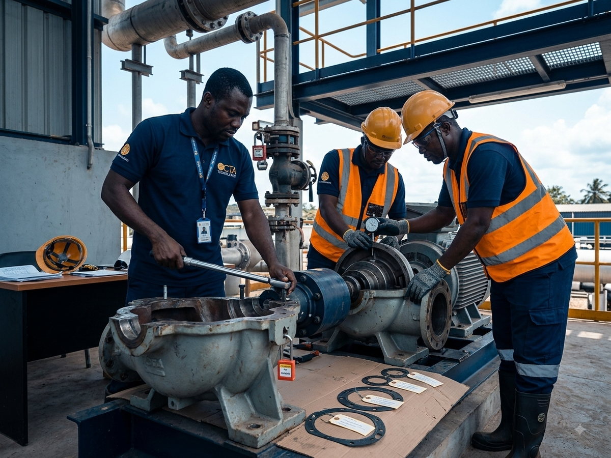 Maintenance crew overhauling a pump during a plant shutdown